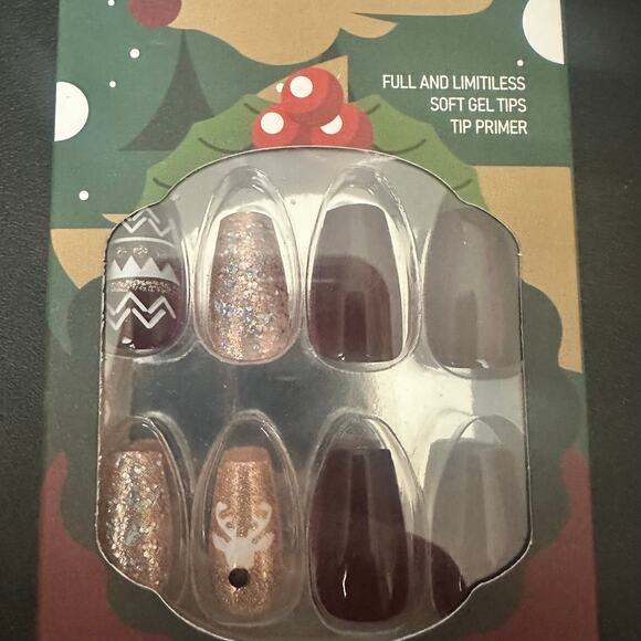 Christmas Press On Nails Reindeer Glitter Gold Maroon Coffin Shape Fake Nails - Picture 2 of 4